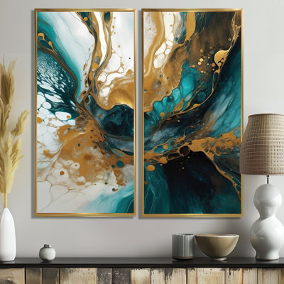 Turquoise And Gold Sculpting Space - Yellow Modern Wall Art 2 Pieces