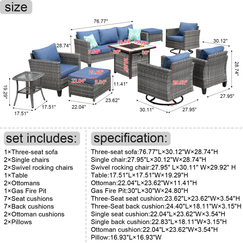 GRST Wicker/Rattan 7-Person Seating Group with Cushions, Denim Blue