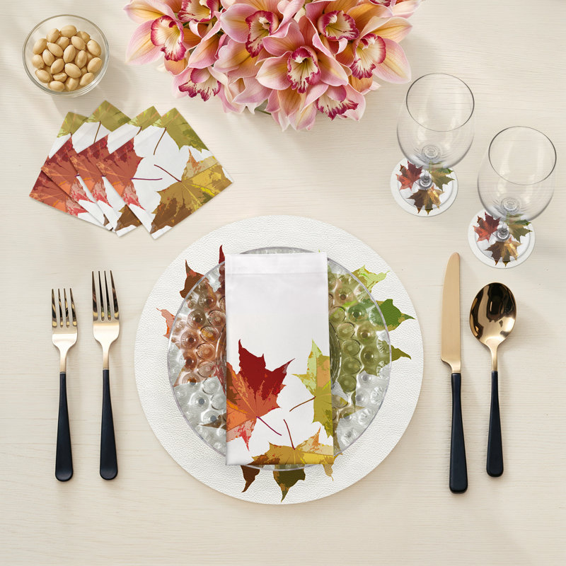 Autumn Leaves Vegan Leather Round Pebble Placemat, White