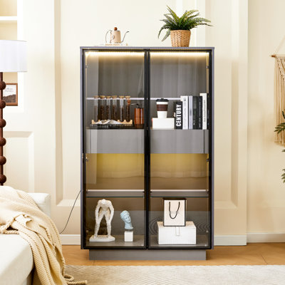 Vitrine haute moderne de 60,6 po avec éclairage à DEL - deux tiroirs, porte en verre trempé, tablettes réglables pour le salon, le bureau, le bureau et l'armoire, avec éclairage, tiroirs