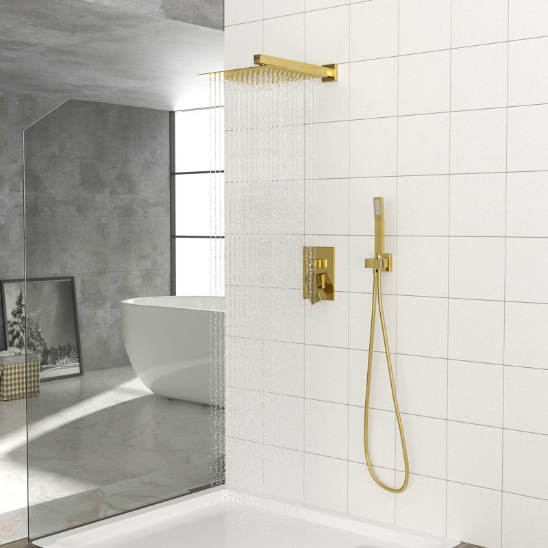 Gold Dual Shower Head - 10 Inch Square Wall Mounted With 360 Adjustable Rainfall And Handheld Spray For A Spa-Like Showers Relaxing Experience