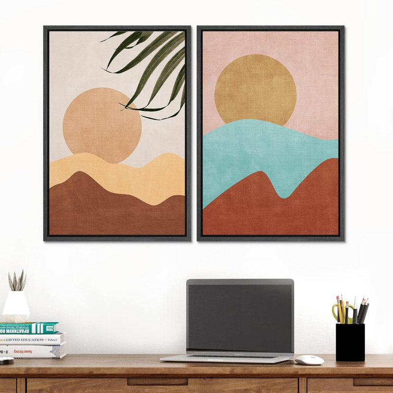 «Vibrant Retro Mid-Century Mountains Abstract Shapes», art moderne, décoration murale, style bohémien zen, Noir