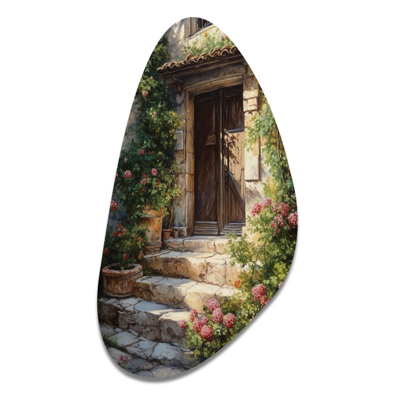 Porte de village rempli de fleurs II - porte de ferme asymétrique, art mural floral en métal, sculpture murale de forme irrégulière