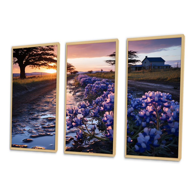 Ensemble de salon mauve à champ mauve avec coucher de soleil - Bonnets bleus, Cadre naturel flottant