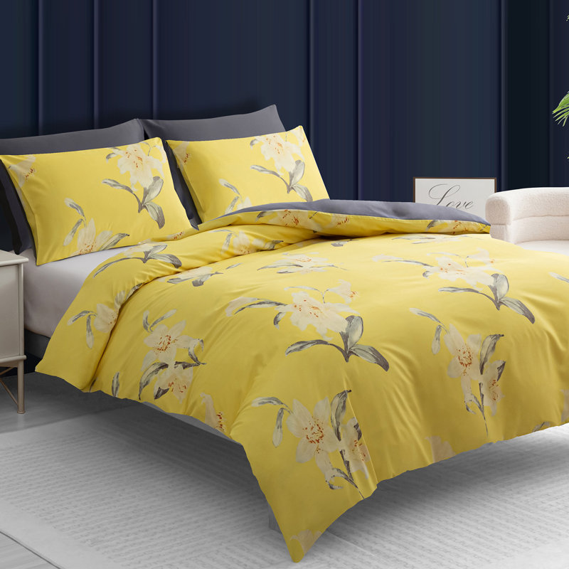 Microfiber Floral Duvet Cover Set, Double (200cm x 200cm), Yellow & Grey