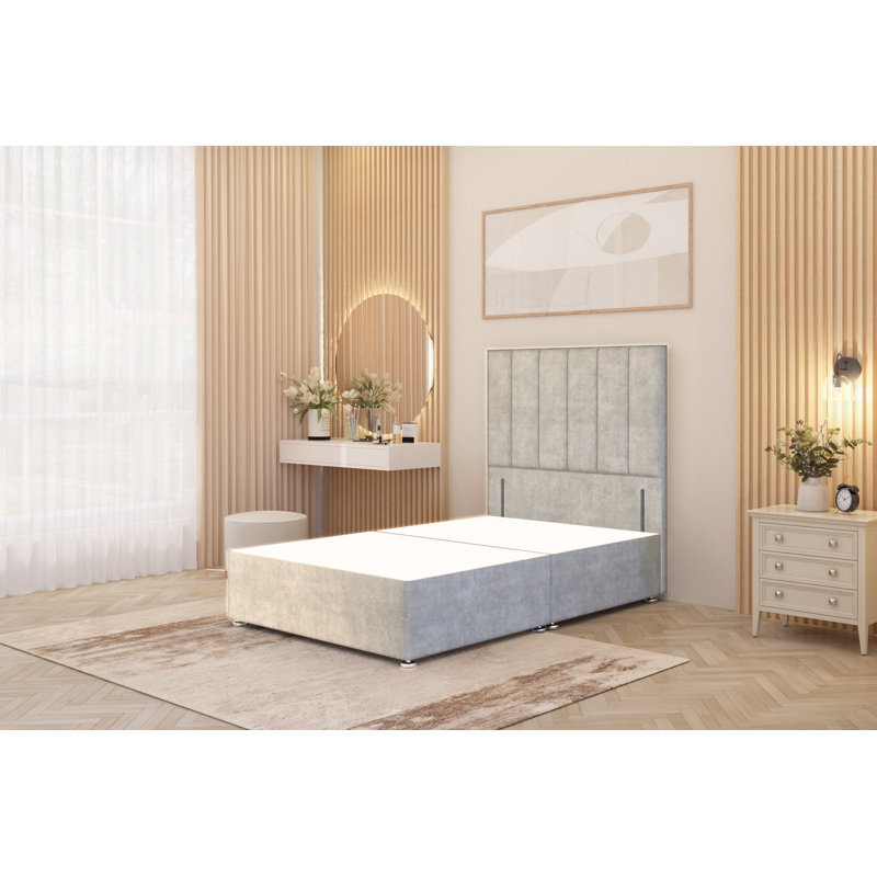 Asterin Divan Bed Base with 54" Floor Standing Headboard Plush Velvet, Silver, Small Double (4'), No Drawers