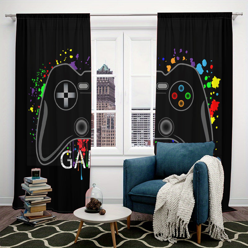 2Pcs Game Controller Pattern Curtains, Rod Pocket Mount, Digital Printing Gamer Curtain, Polyester Material, Suitable for Living Room, Bedroom, Gaming, Study, Home Decor, Black Vibrant Colorful