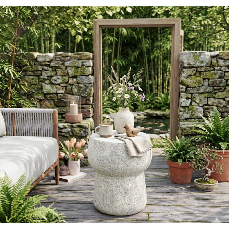 Cracked Texture Double Barrel Table â€“ Outdoor/Indoor Accent Side Table, Waterproof & Sun-Resistant For Patio/Garden, Gray