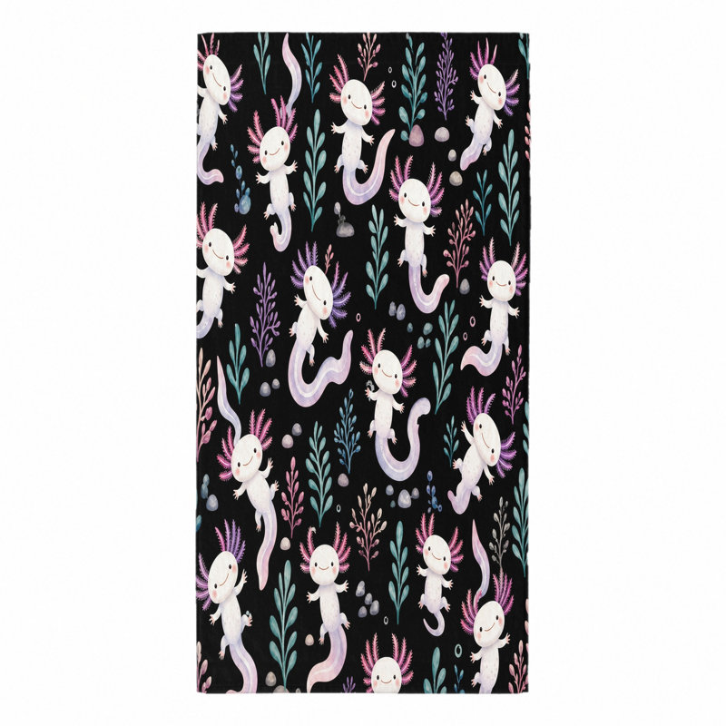 1Pièce serviette de plage Axolotl mignonne, avec des axolotls à l'aquarelle et des éléments botaniques sur fond noir. Grande microfibre, parfaite pour la natation, les voyages, le camping et le unisexe.