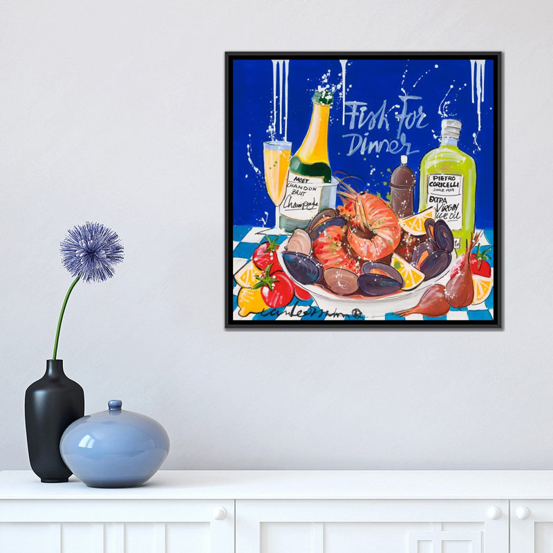 " Fish For Dinner " by El Van Leersum, Black Framed Canvas, No Mat, 18" H x 18" W x 1.5" D