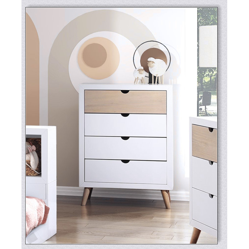 Commode de rangement blanche et naturelle avec tiroirs en queue d'aronde pour les chambres de jeunes, idéale pour la vie organisée