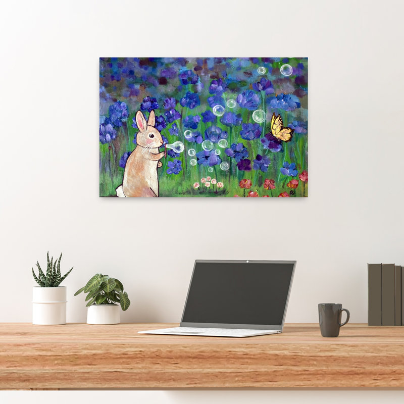 Whimsical Bunny Garden Bubbles Contemporary Rabbit Animal Flower Wall Art Print by Andrea Doss - Wrapped Canvas Print