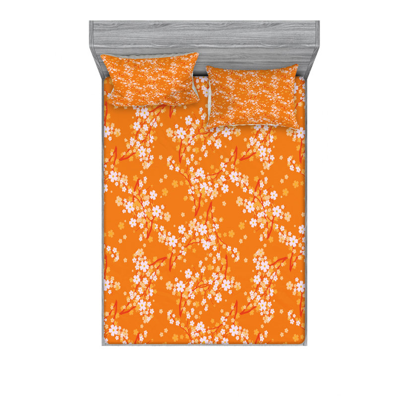 Microfiber Sheet Set, Queen Sheet Set with Fitted Sheet, Japanese Sakura Floral