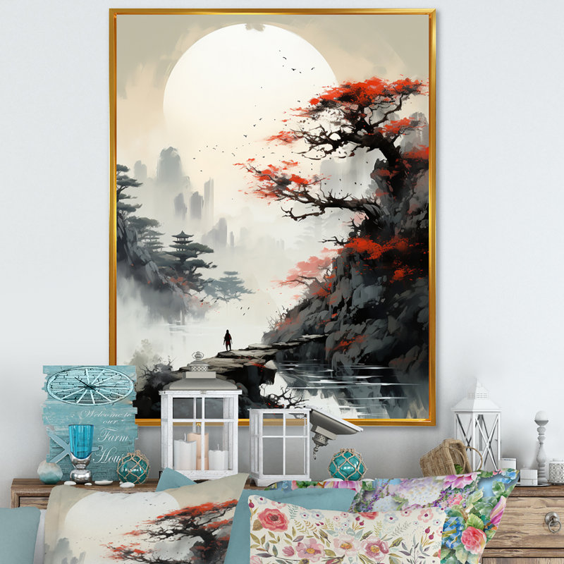 «Asian Art Samurais Landscape III», reproduction d'art sur toile asiatique, H 32 po x l 16 po x P 1 po, Cadre flottant doré