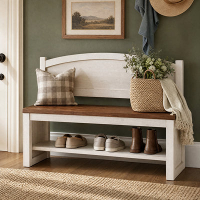 Banc de 47,2 pouces en bois massif avec tablette de rangement et dossier arqué - parfait pour le couloir, le vestibule ou le porche
