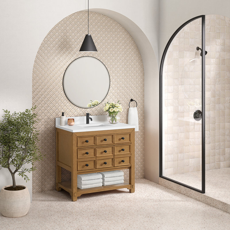 Malibu 36'' W Single Vanity, White Zeus, Widespread, Amber Birch