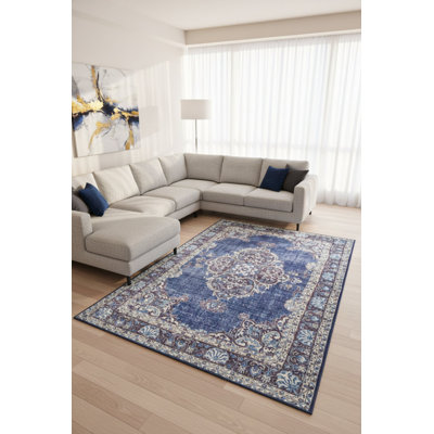 Tapis décoratif bleu marine / gris / beige