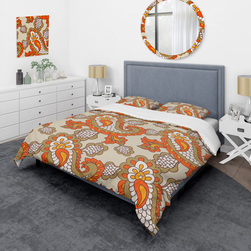 Ensemble de housse de couette à motif cachemire brun et orange, Housse de couette pour très grand lit et 2 très