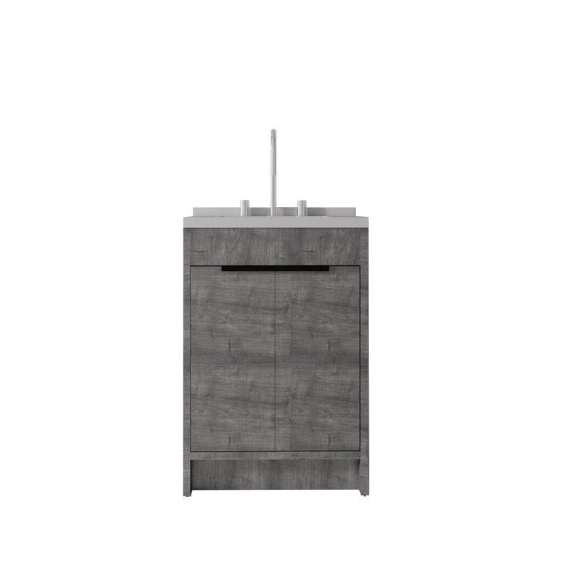 Meuble-lavabo autoportant de 24 po avec lavabo, porte à fermeture douce, comptoir et dosseret en marbre de granite blanc de 2 po, contreplaqué, gris