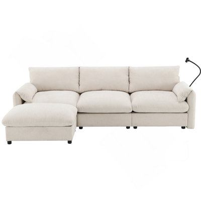 Canapé modulaire en L 96,5 po avec repose-pieds, support de téléphone réglable, chargeur USB et accoudoirs confortables pour le salon et l’appartement