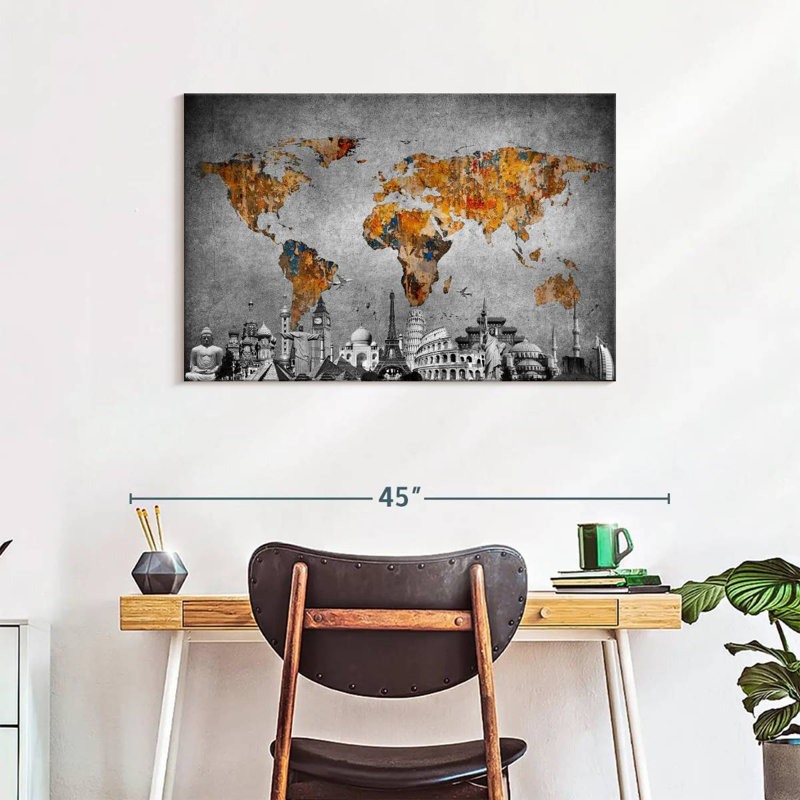 Impression sur toile, "Carte du monde colorée", H 24 po x l 36 po x P 1,25 po
