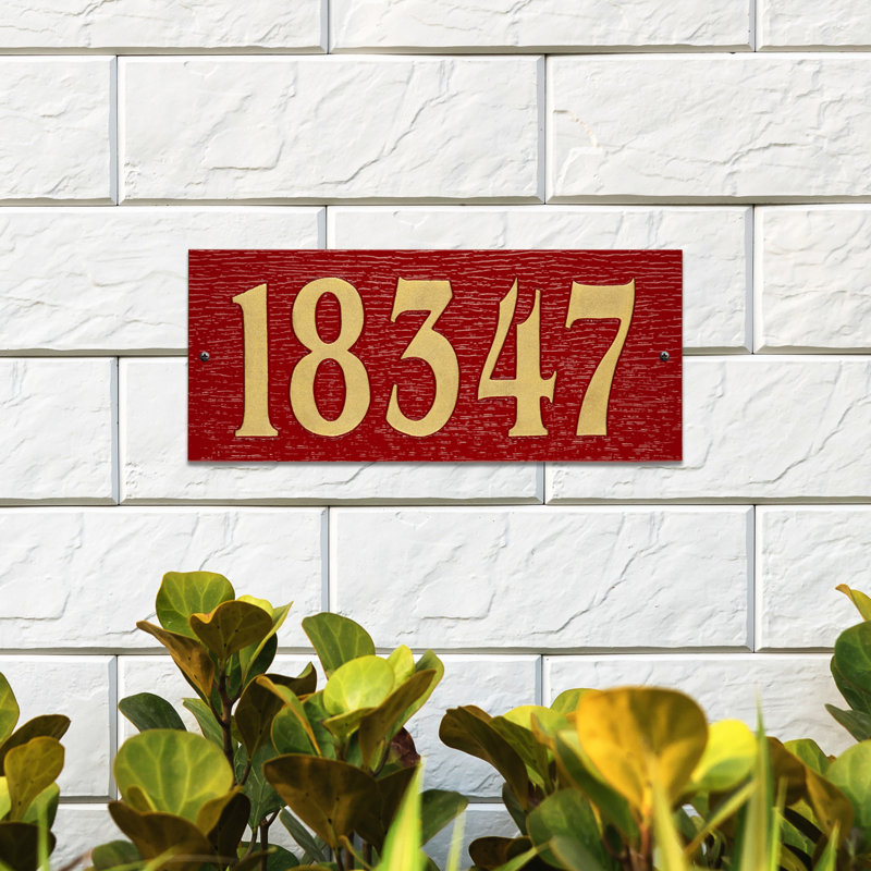 Woodgrain Mid-Century Rectangle Plaque, Standard Wall 1-line, Rouge/doré, Yes