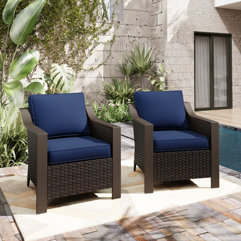 Chaises de patio pour l'extérieur en osier avec coussins, Bleu