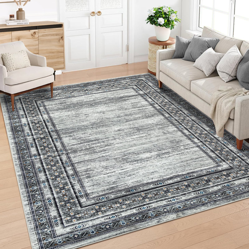 Tapis moderne lavable pour tapis de salon à motif géométrique doux antidérapant, Rectangle 5 pi x 7 pi