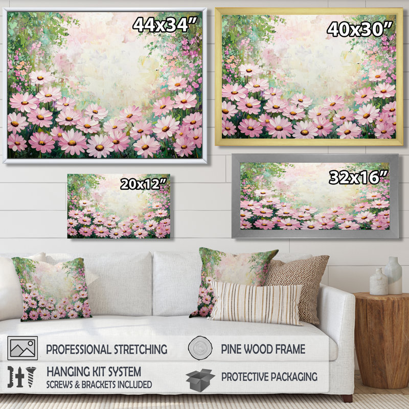 Décoration murale marguerite rose printemps I - marguerites, H 16 po x l 32 po, Reproduction encadrée, Blanc