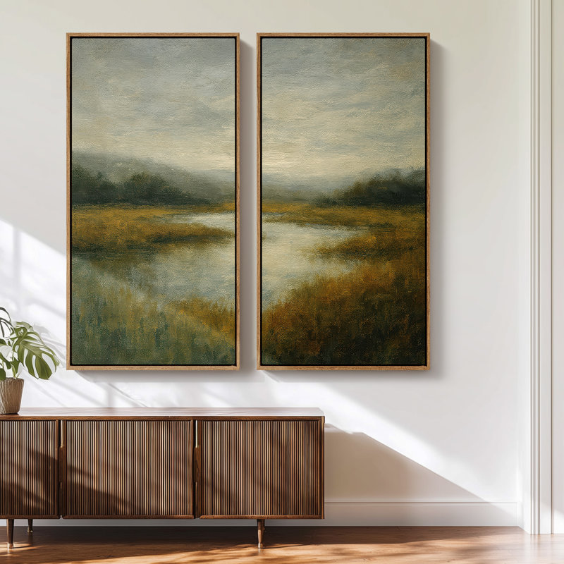 «Green Marsh Landscape with Reflections», ensemble de 2 reproductions d'art murales encadrées sur toile 60 po x 20 po x 2 pièces, 60 po x 30 po x 2 pièces