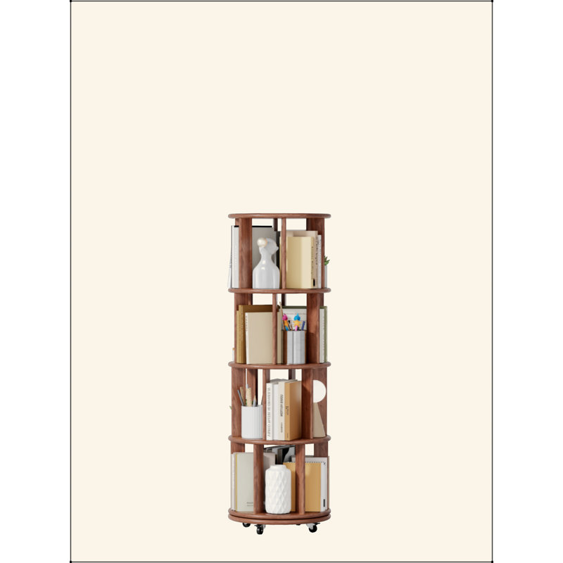 100% Solid Wood 360° Rotating Bookshelf, 4-Tier Round Revolving Book Tower with Wheels, Narrow Rolling Shelf for Small Space, Corner, Bedroom & Office