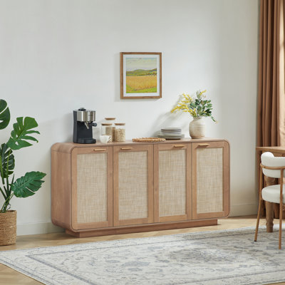 Armoire buffet 64,6 x 15,75 x 31,5 po en rotin avec 4 portes, panneau de particules et panneau de fibres à densité moyenne, ensemble 1 pièce, armoire autoportante, caramel, poignées en métal avec ensemble anti-basculement