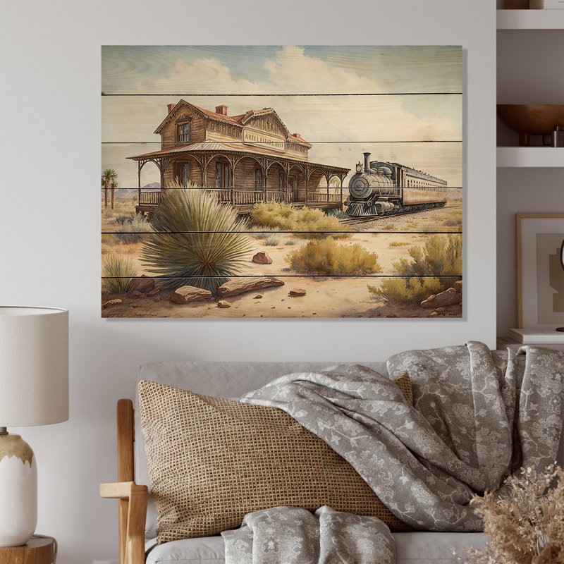 Wild West Train Station II - impression sans cadre sur bois, H 30 po x l 40 po x P 1,5 po