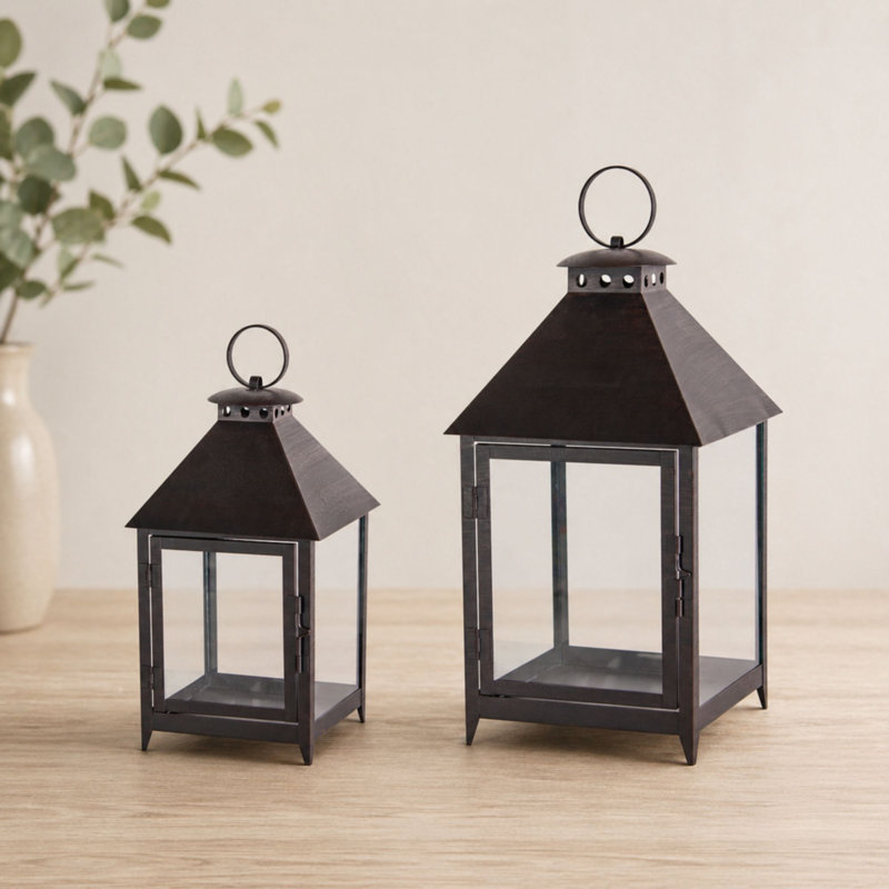 2 Piece Iron Wall Lantern Set, Brown
