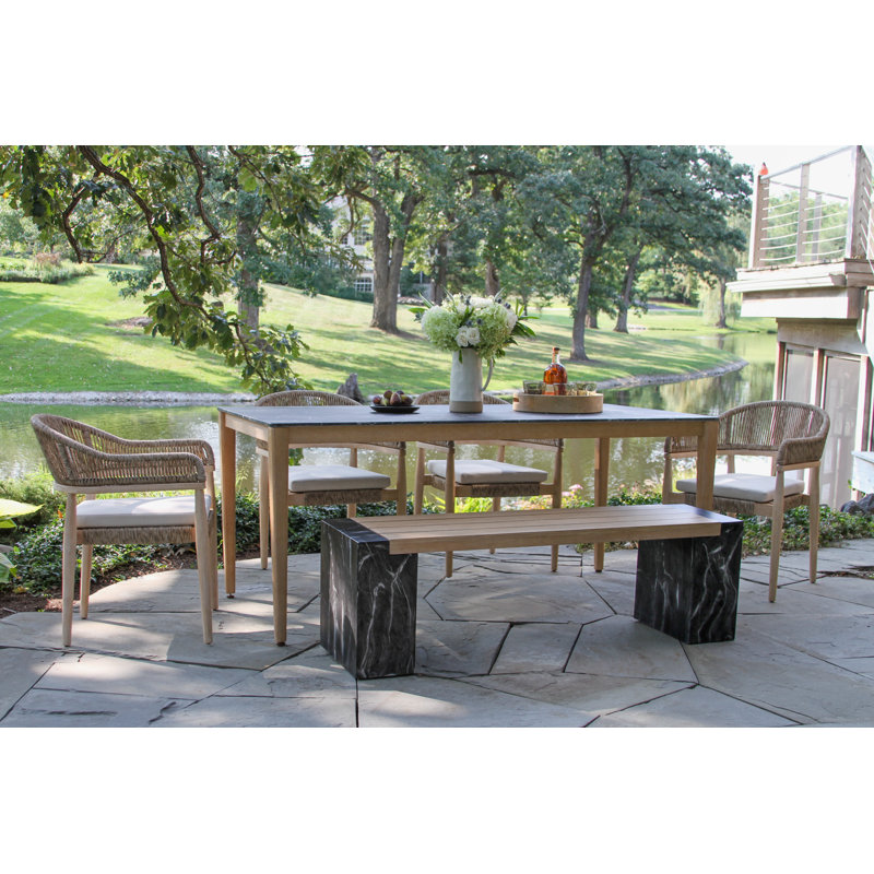  Posey 6 pièces Table de salle à manger en marbre avec banc et chaises en osier de blé, Bois naturel