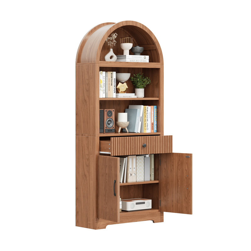 Bibliothèque 70,8 po H avec rangement et armoire arquée, Noyer