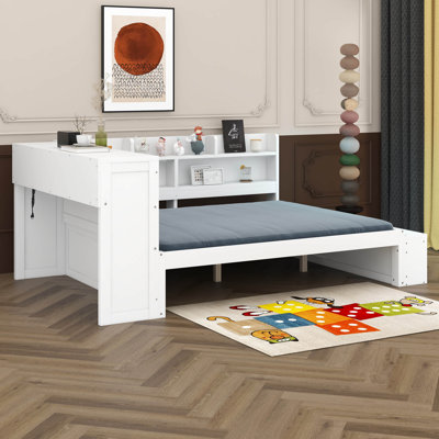 Lit de jour double avec armoires de rangement et armoire à chaussures, lit d'angle en bois avec ports USB