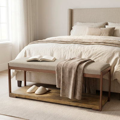 Aurelia Upholstered Bench with Copper Metal Frame, Padded Seat Bench, Contemporary Accent Bench for Entryway, Hallway & Bedroom