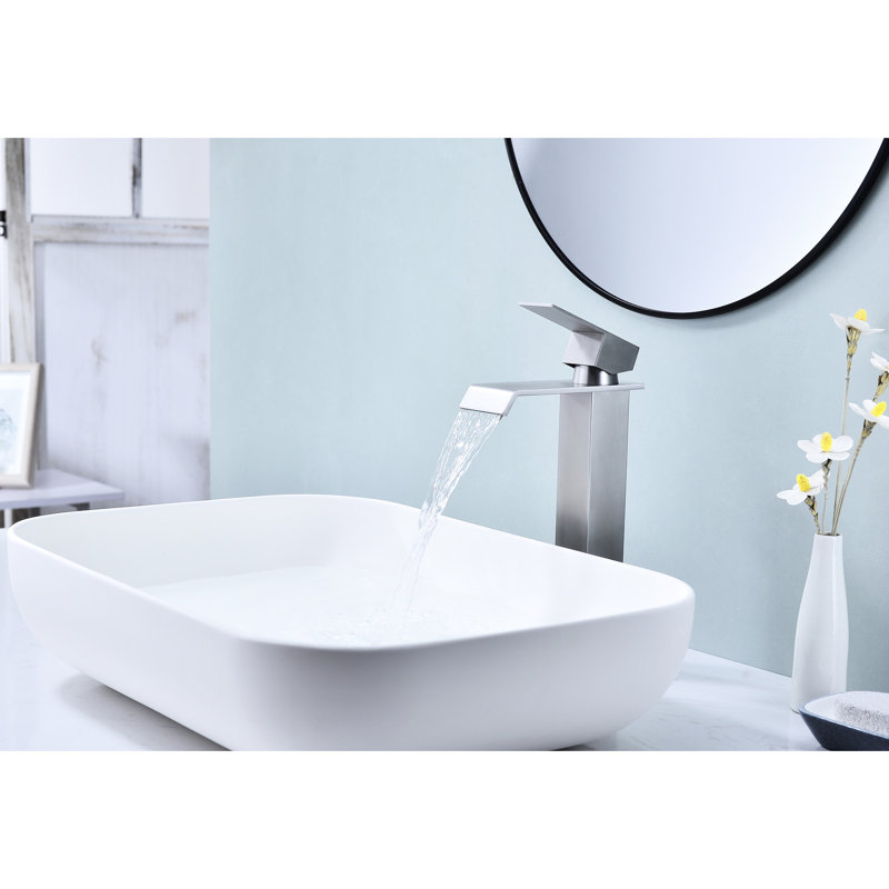 Bathroom Sink Faucet With Waterfall Stream And Finish Stainless Steel Spout For Easy Adjustment, Brushed Nickel