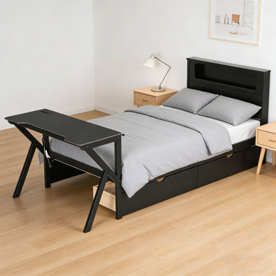 Lit plateforme simple en bois avec tête de lit à DEL, bureau à DEL, USB et deux tiroirs de rangement, noir