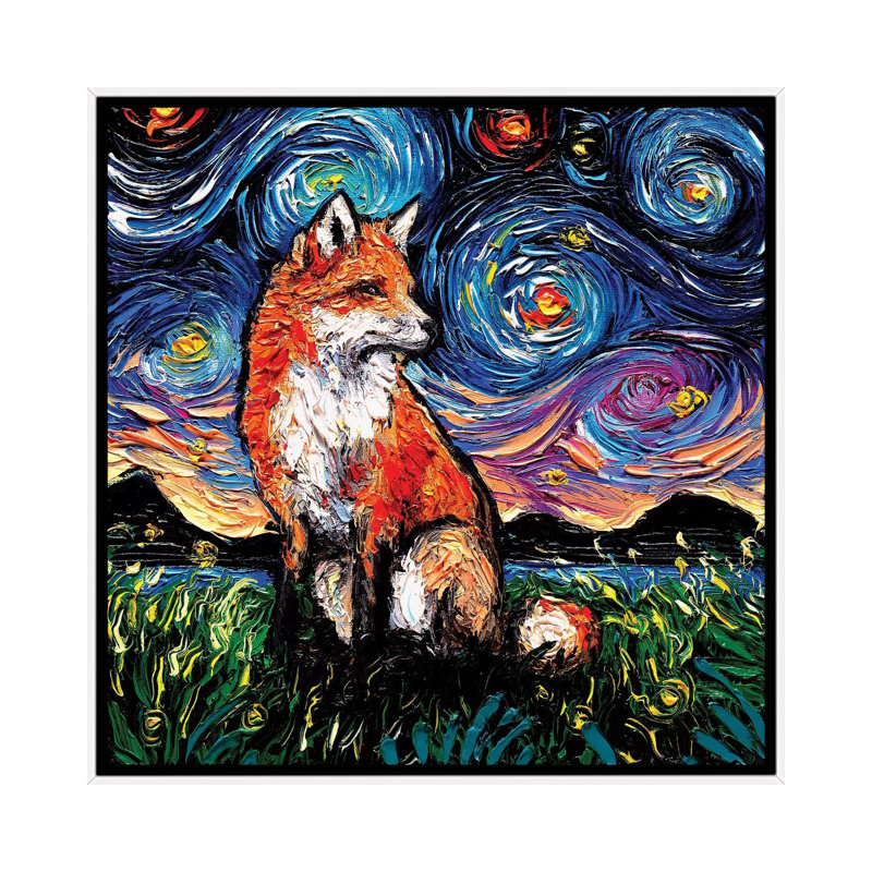 "Vulpine Night" par aja Trèves, reproduction d’art, H 18 po x l 18 po x 1,5 po, Toile blanche encadrée, Pas de tapis