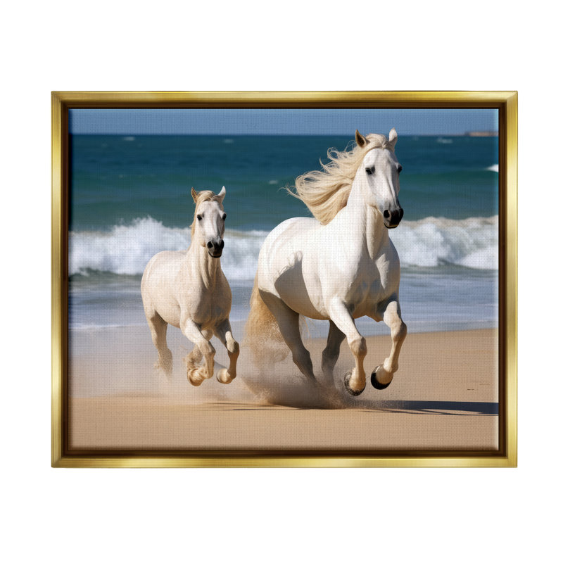Ba-554-Floater " Trotting Horses On Beach " by Ray Powers, Metallic Gold Floater Frame, 17" H x 21" W x 1.7" D