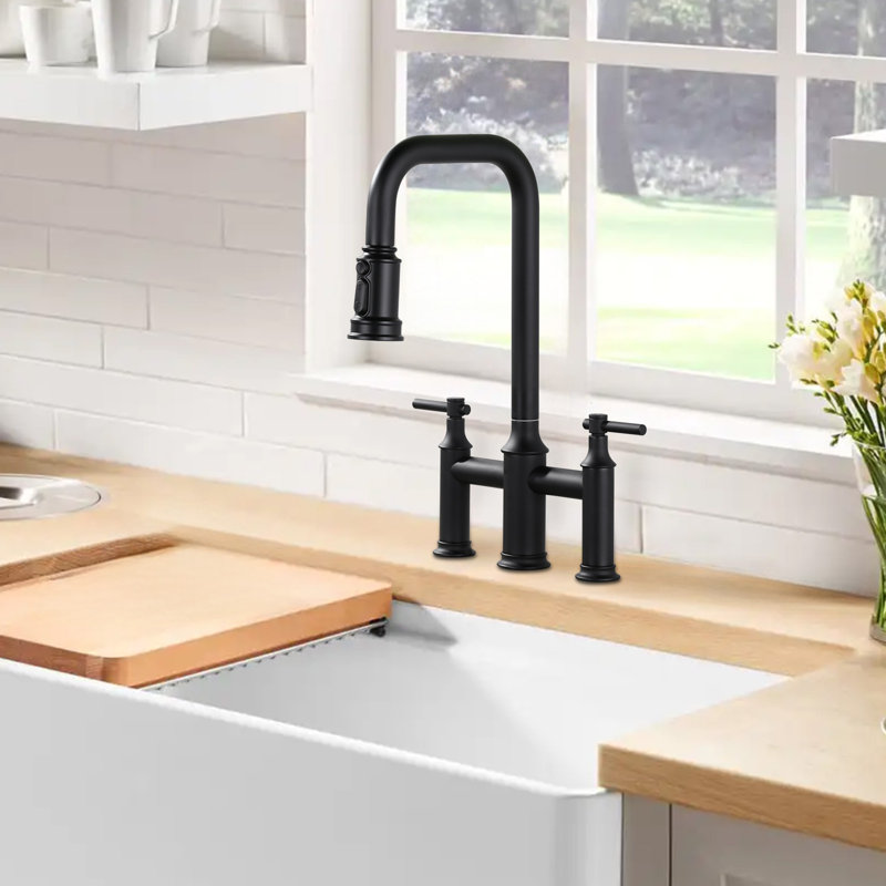 Double Handle Bridge Kitchen Faucet With 360 Degree Spout Swivel In Matte Black, Matte Black
