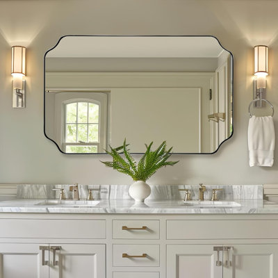 Modern Scalloped Corner Rectangle Bathroom Vanity Mirror | Stainless Steel Frame