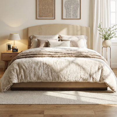 Upholstered Platform Bed Frame with Velvet Headboard, Camel Colour, Solid Wood Base, High-Weight Capacity, No Box Spring Needed, Modern Curved Design for Master Bedroom