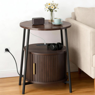 23.8''H Round End Table with Charging Station, Fluted Accent Side Table with Sliding Tambour Door and Hidden Storage for Living Room & Bedroom
