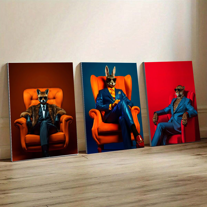 Ensemble de 3 affiches encadrées, portraits d'animaux modernes sur toile : renard, lapin et léopard élégants en costume, assis sur des fauteuils, sur des fonds colorés et vibrants. Décor contemporain pour salon, bureau ou chambre.
