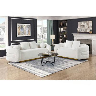 Luxury Living Room Sofa Set 2pc Sofa Loveseat White and Gold Soft Fabric Upholstered Matching Pillows Solid Wood Furniture