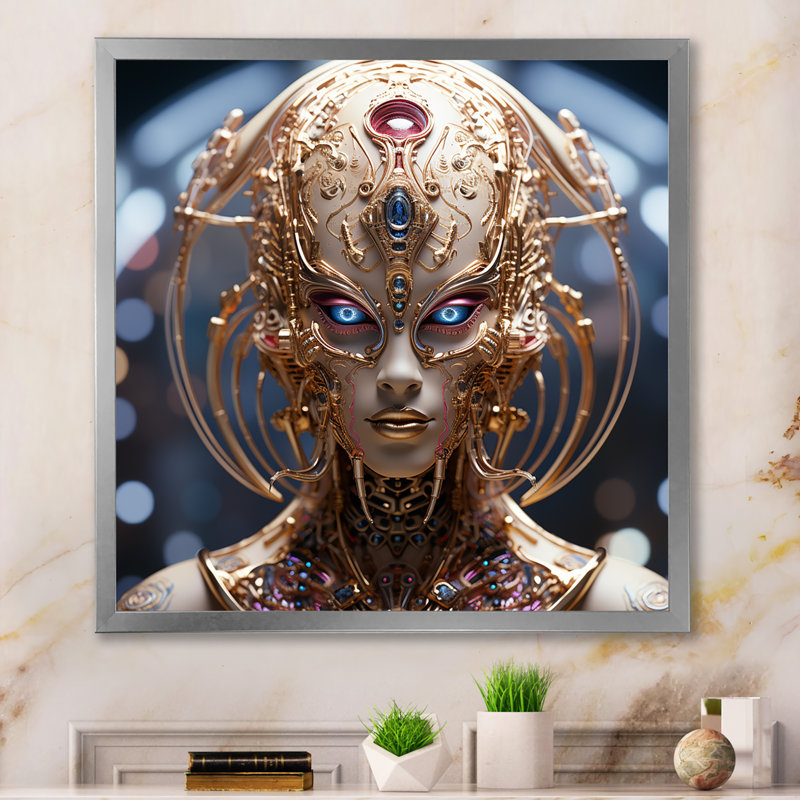 Sci-Fi, portrait d'une déesse futuriste dorée - Portraits abstraits, décoration murale, H 36 po x l 36 po x P 1,5 po