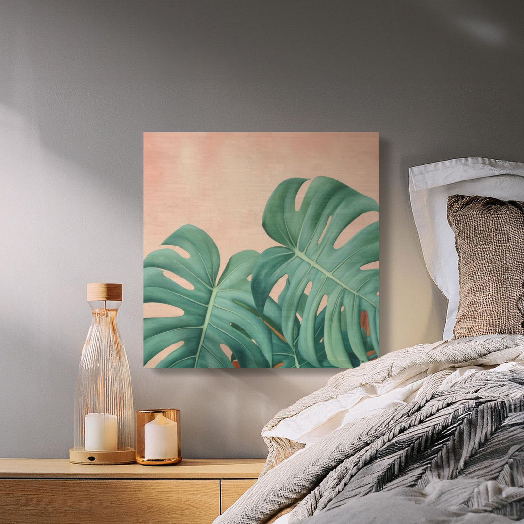 Modern Monstera Leaf Rowden - Botanical Tropical Print, Aesthetic Peach & Green Home Decor for Plant Lovers